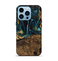 iPhone 14 Pro Wood Live Edge Phone Case - Susanna (Teal & Gold, 741616)