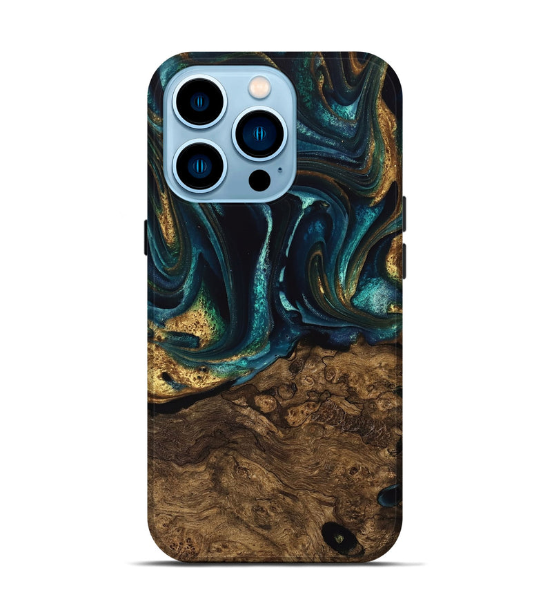 iPhone 14 Pro Wood Live Edge Phone Case - Susanna (Teal & Gold, 741616)