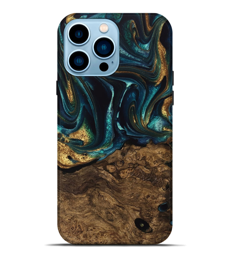 iPhone 14 Pro Max Wood Live Edge Phone Case - Susanna (Teal & Gold, 741616)