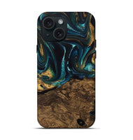 iPhone 15 Wood Live Edge Phone Case - Susanna (Teal & Gold, 741616)