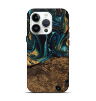 iPhone 15 Pro Wood Live Edge Phone Case - Susanna (Teal & Gold, 741616)