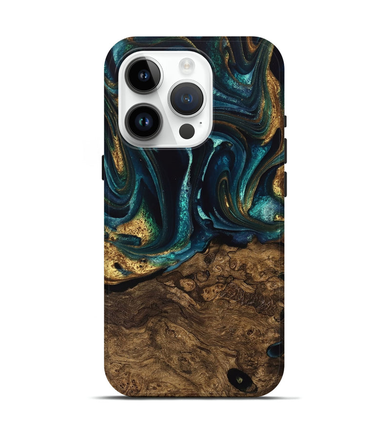 iPhone 15 Pro Wood Live Edge Phone Case - Susanna (Teal & Gold, 741616)