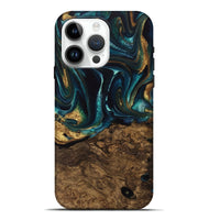 iPhone 15 Pro Max Wood Live Edge Phone Case - Susanna (Teal & Gold, 741616)