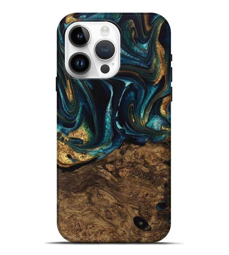 iPhone 15 Pro Max Wood Live Edge Phone Case - Susanna (Teal & Gold, 741616)