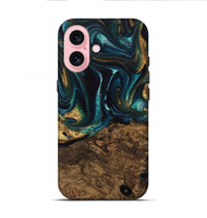 iPhone 16 Wood Live Edge Phone Case - Susanna (Teal & Gold, 741616)