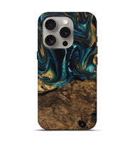 iPhone 16 Pro Wood Live Edge Phone Case - Susanna (Teal & Gold, 741616)