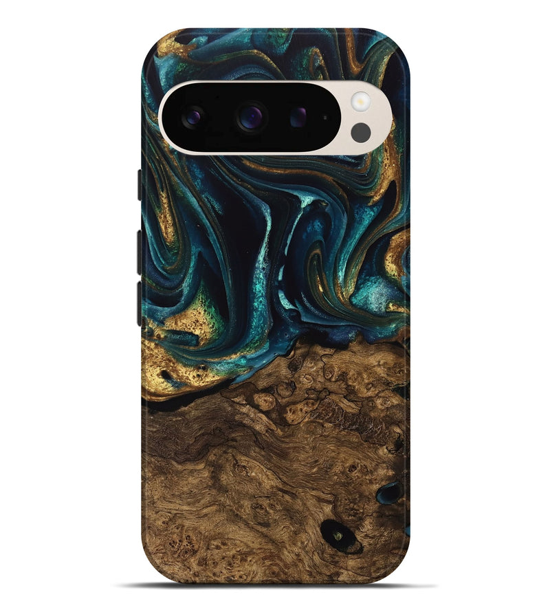 Pixel 9 Pro XL Wood Live Edge Phone Case - Susanna (Teal & Gold, 741616)