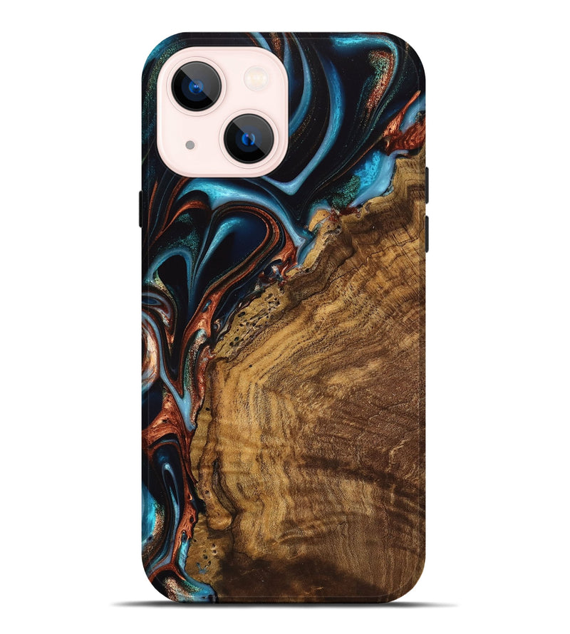 iPhone 14 Plus Wood Live Edge Phone Case - Vonni (Teal & Gold, 741617)