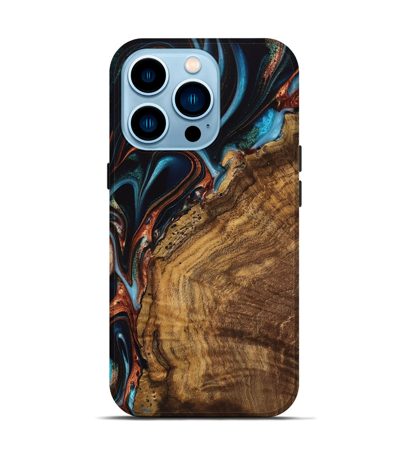 iPhone 14 Pro Wood Live Edge Phone Case - Vonni (Teal & Gold, 741617)