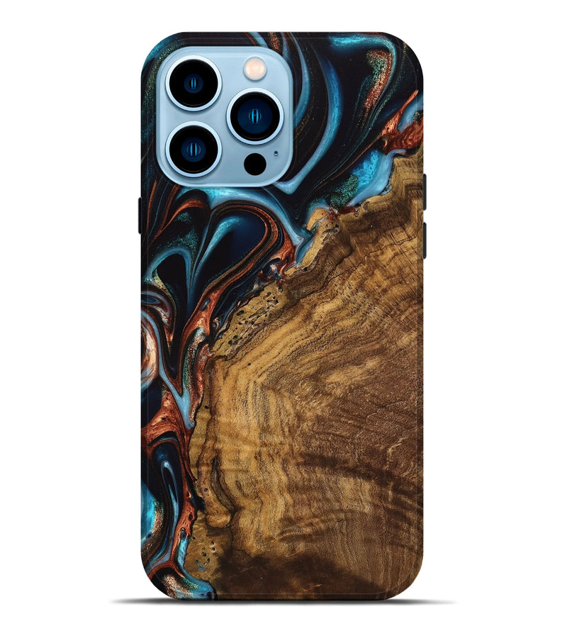 iPhone 14 Pro Max Wood Live Edge Phone Case - Vonni (Teal & Gold, 741617)