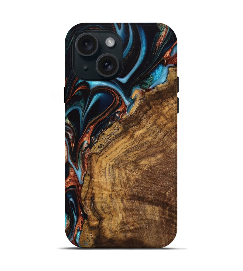 iPhone 15 Wood Live Edge Phone Case - Vonni (Teal & Gold, 741617)