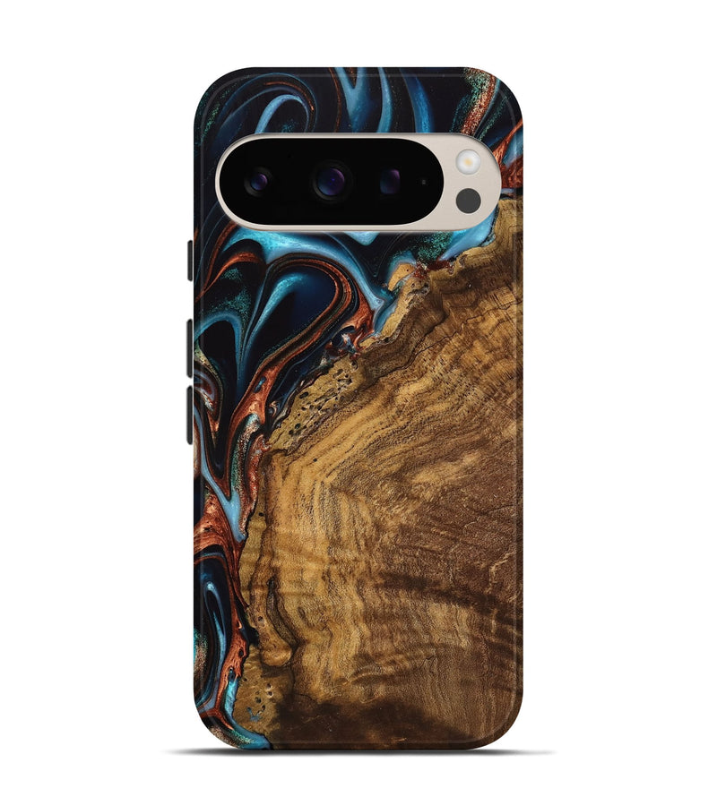 Pixel 9 Pro Wood Live Edge Phone Case - Vonni (Teal & Gold, 741617)