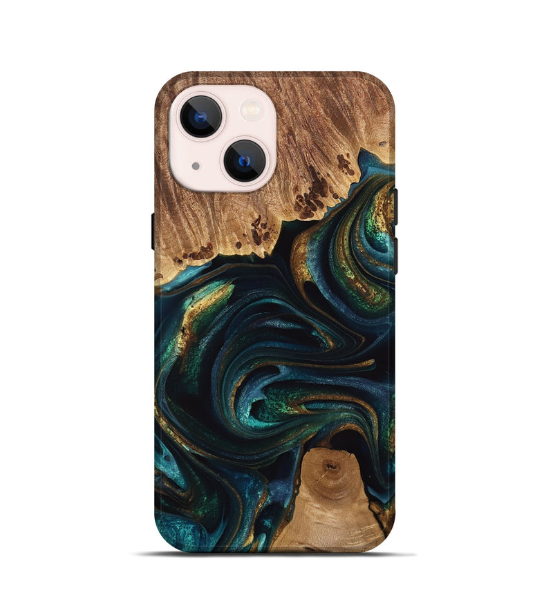 iPhone 13 mini Wood Live Edge Phone Case - Adora (Teal & Gold, 741618)