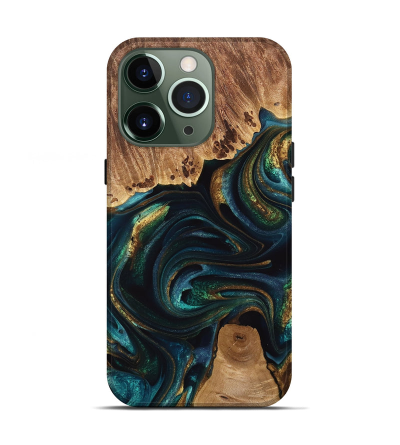 iPhone 13 Pro Wood Live Edge Phone Case - Adora (Teal & Gold, 741618)