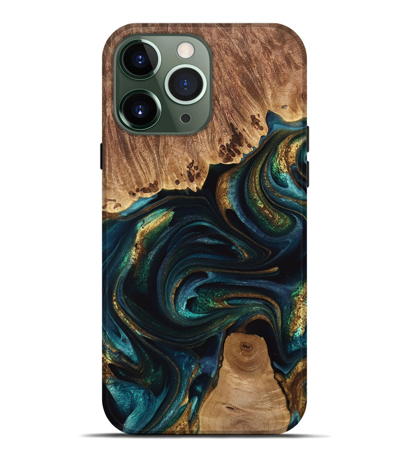 iPhone 13 Pro Max Wood Live Edge Phone Case - Adora (Teal & Gold, 741618)