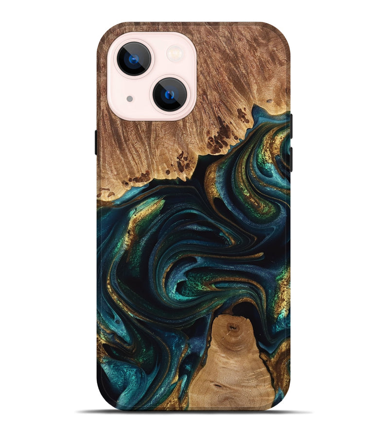 iPhone 14 Plus Wood Live Edge Phone Case - Adora (Teal & Gold, 741618)