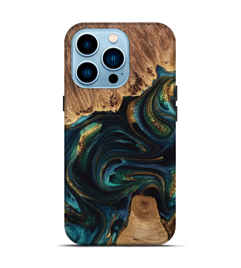 iPhone 14 Pro Wood Live Edge Phone Case - Adora (Teal & Gold, 741618)