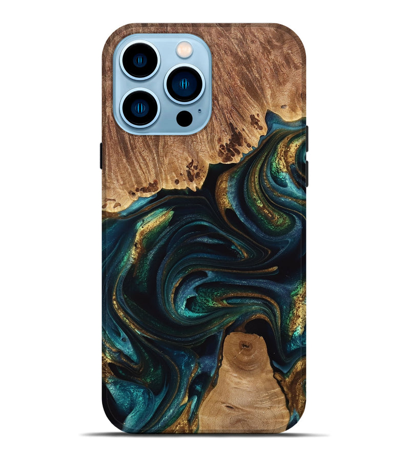 iPhone 14 Pro Max Wood Live Edge Phone Case - Adora (Teal & Gold, 741618)