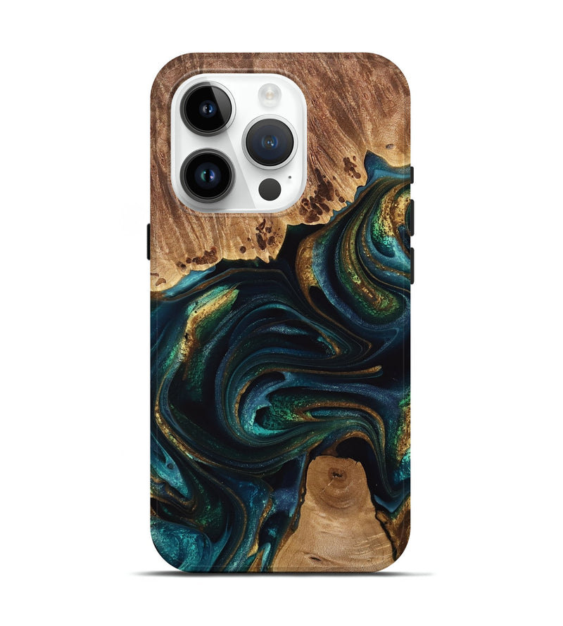 iPhone 15 Pro Wood Live Edge Phone Case - Adora (Teal & Gold, 741618)