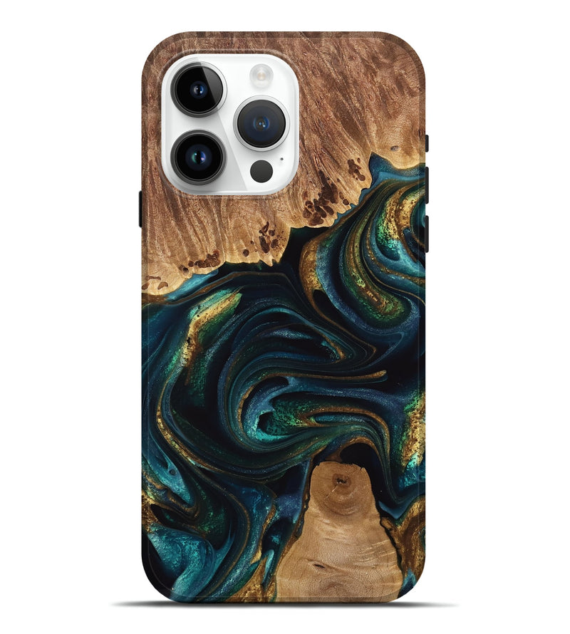 iPhone 15 Pro Max Wood Live Edge Phone Case - Adora (Teal & Gold, 741618)