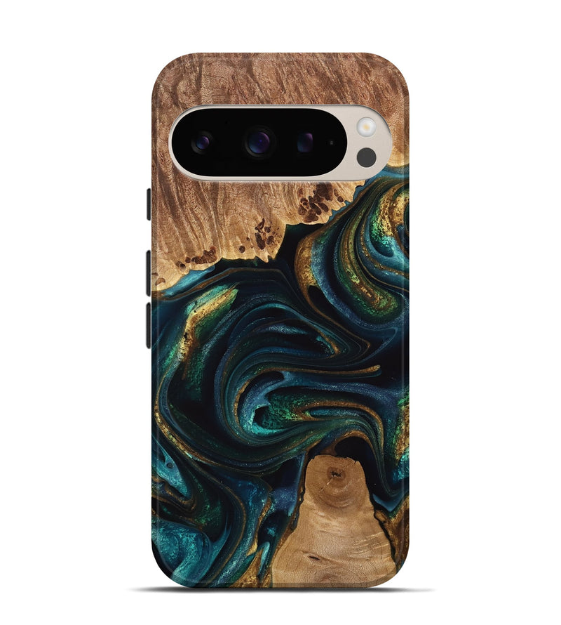 Pixel 9 Pro Wood Live Edge Phone Case - Adora (Teal & Gold, 741618)