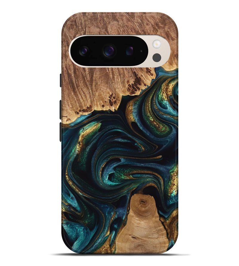 Pixel 9 Pro XL Wood Live Edge Phone Case - Adora (Teal & Gold, 741618)