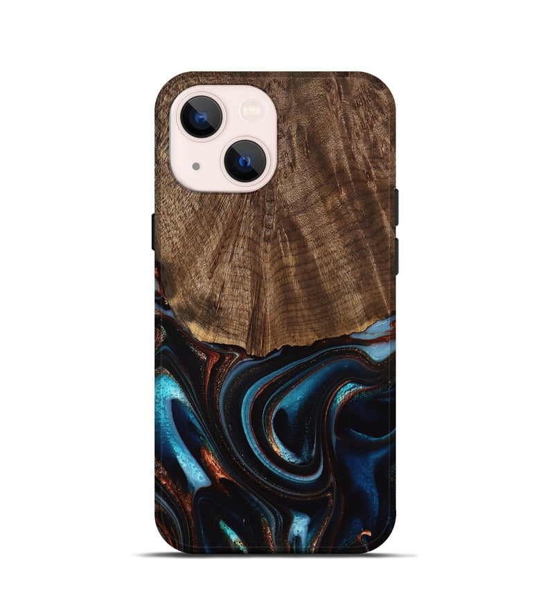 iPhone 13 mini Wood Live Edge Phone Case - Trystan (Teal & Gold, 741619)