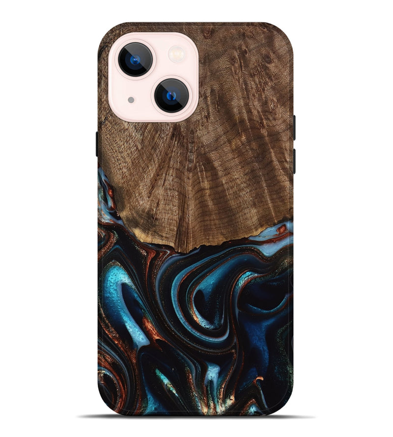 iPhone 14 Plus Wood Live Edge Phone Case - Trystan (Teal & Gold, 741619)