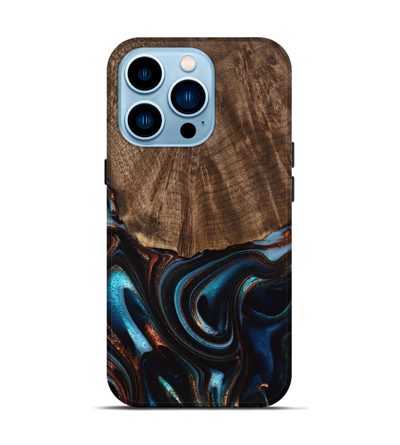 iPhone 14 Pro Wood Live Edge Phone Case - Trystan (Teal & Gold, 741619)