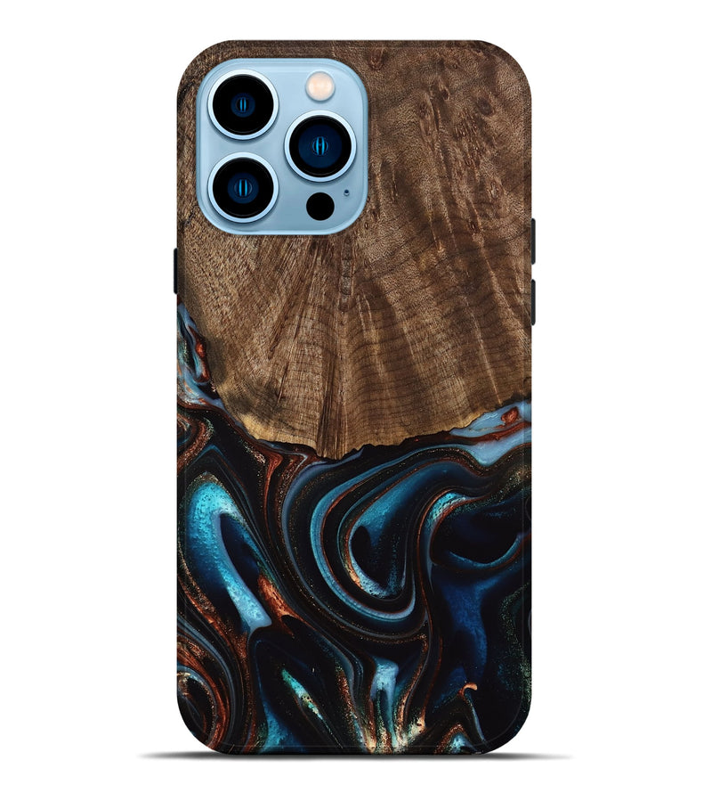 iPhone 14 Pro Max Wood Live Edge Phone Case - Trystan (Teal & Gold, 741619)