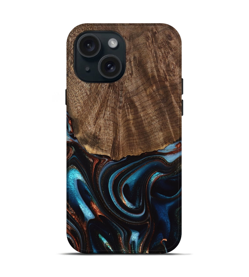 iPhone 15 Wood Live Edge Phone Case - Trystan (Teal & Gold, 741619)