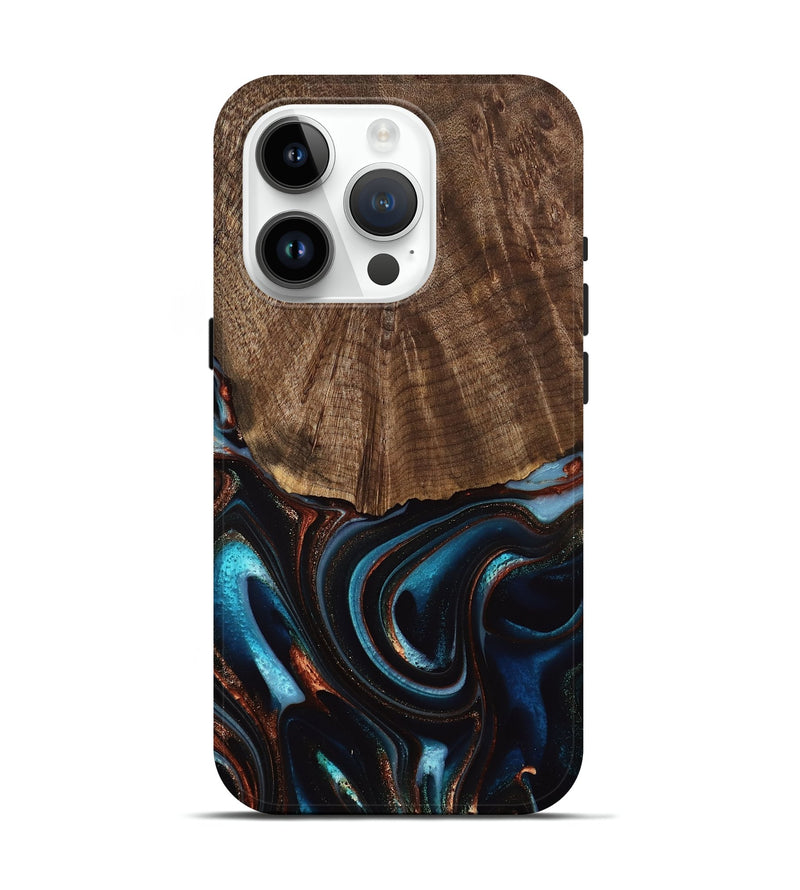 iPhone 15 Pro Wood Live Edge Phone Case - Trystan (Teal & Gold, 741619)