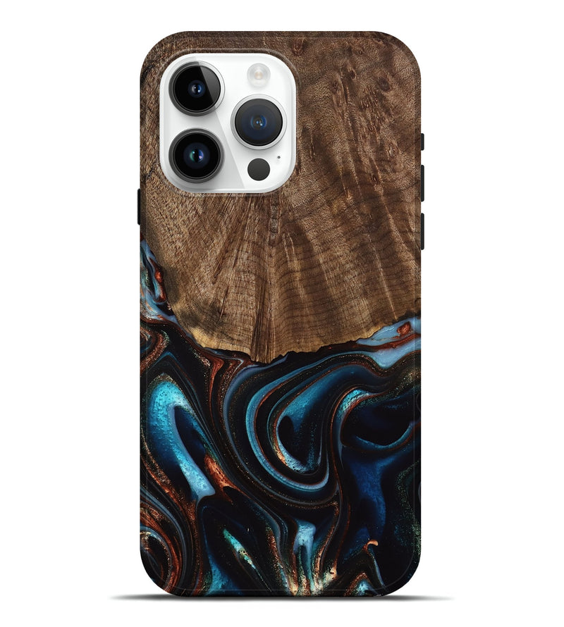 iPhone 15 Pro Max Wood Live Edge Phone Case - Trystan (Teal & Gold, 741619)