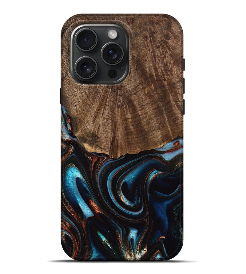 iPhone 16 Pro Max Wood Live Edge Phone Case - Trystan (Teal & Gold, 741619)