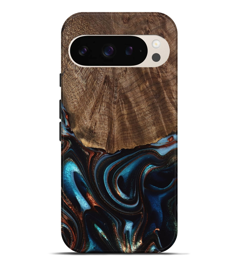 Pixel 9 Pro XL Wood Live Edge Phone Case - Trystan (Teal & Gold, 741619)