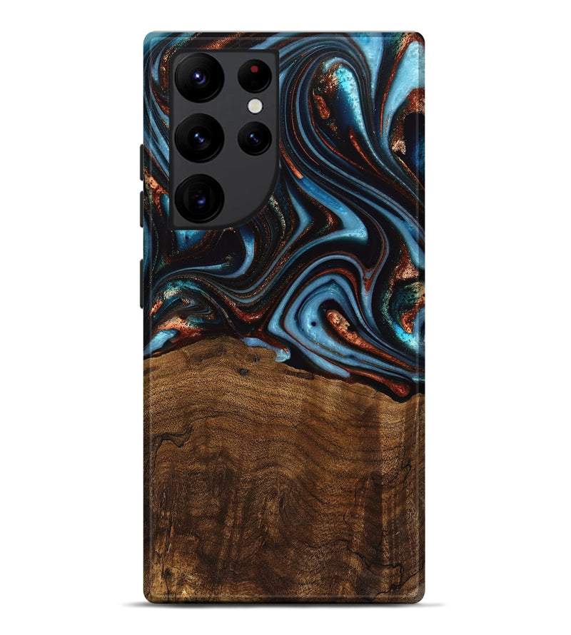 Galaxy S22 Ultra Wood Live Edge Phone Case - Qain (Teal & Gold, 741620)