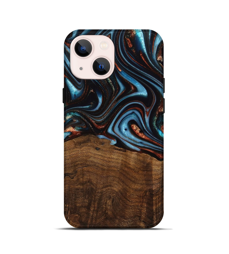 iPhone 13 mini Wood Live Edge Phone Case - Qain (Teal & Gold, 741620)