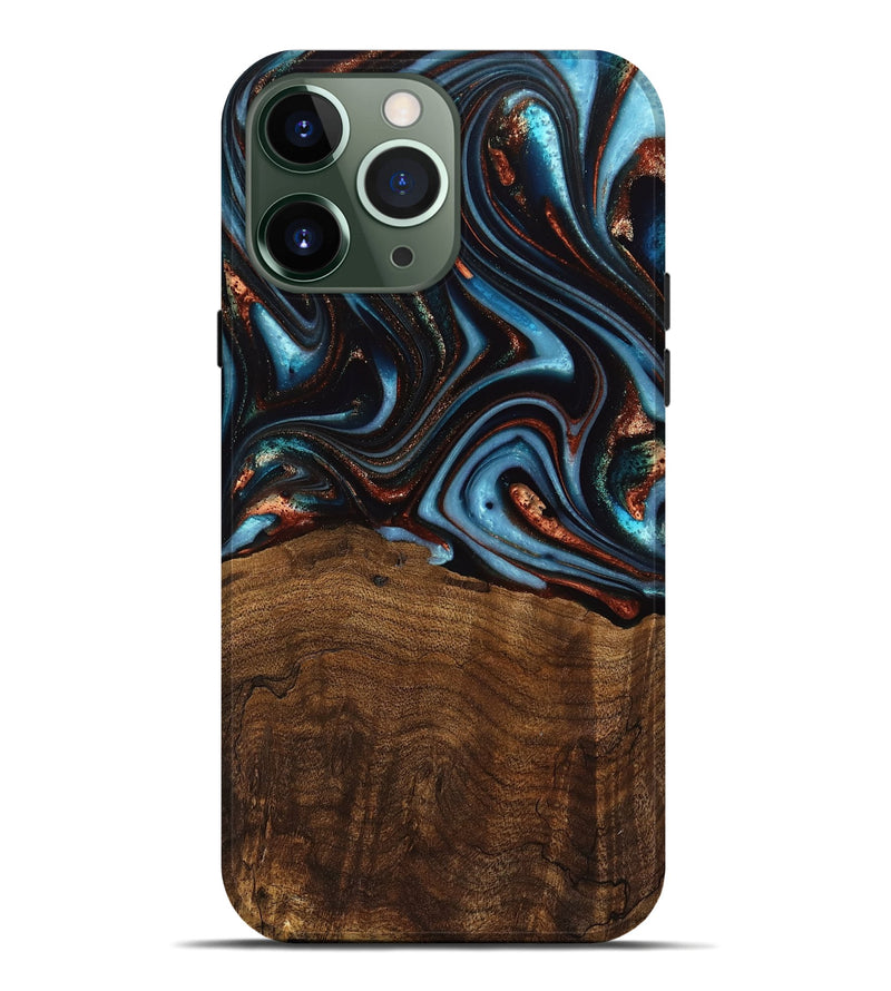 iPhone 13 Pro Max Wood Live Edge Phone Case - Qain (Teal & Gold, 741620)