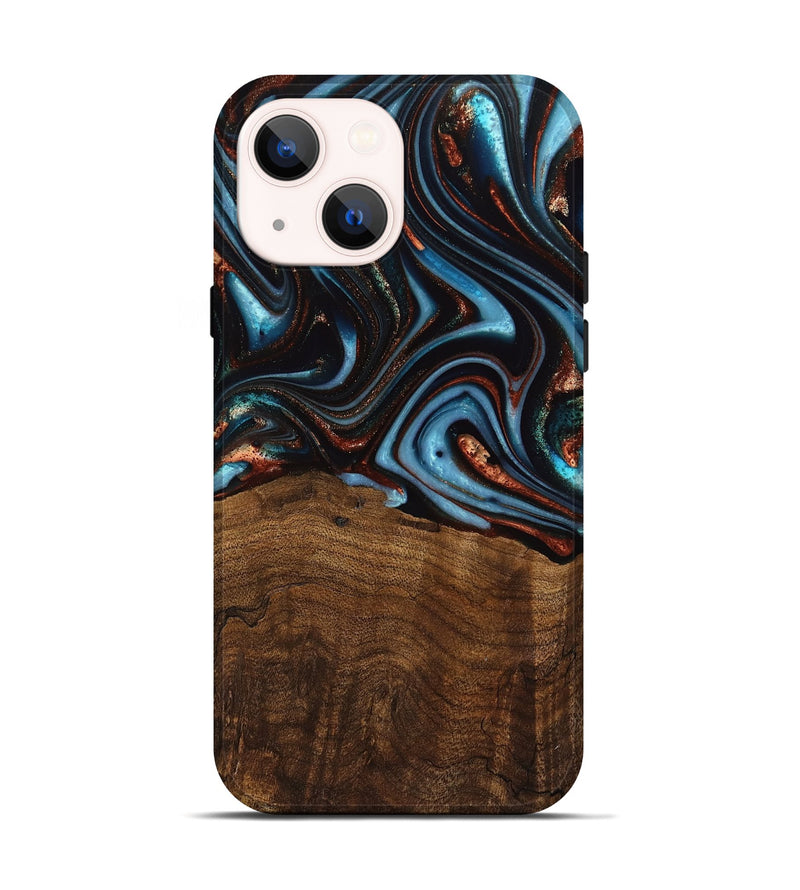 iPhone 14 Wood Live Edge Phone Case - Qain (Teal & Gold, 741620)