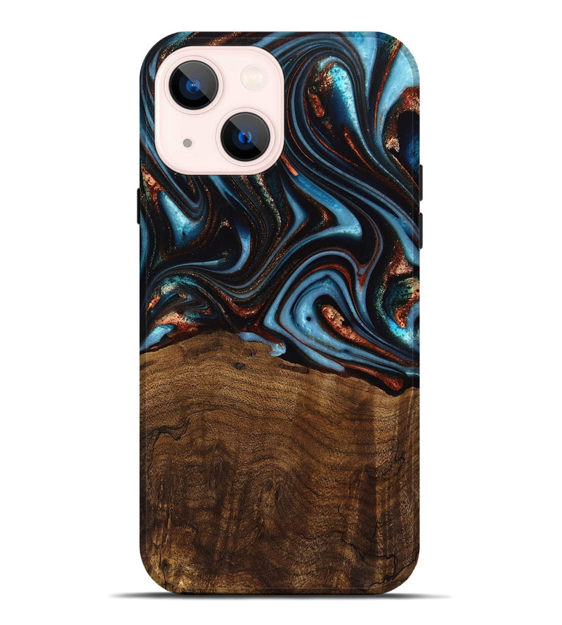 iPhone 14 Plus Wood Live Edge Phone Case - Qain (Teal & Gold, 741620)