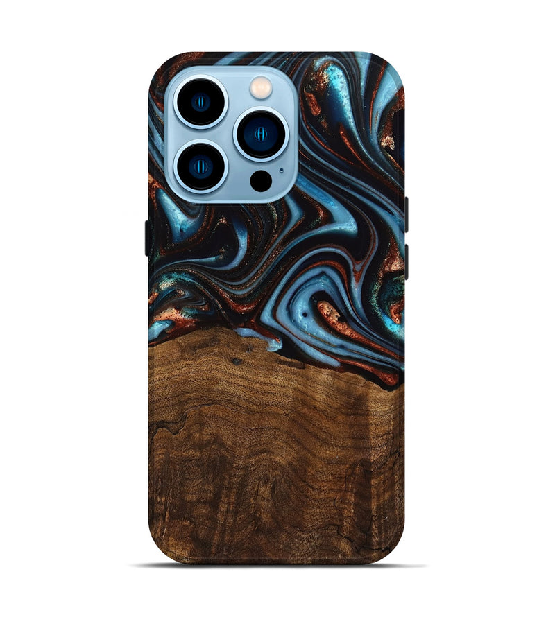 iPhone 14 Pro Wood Live Edge Phone Case - Qain (Teal & Gold, 741620)