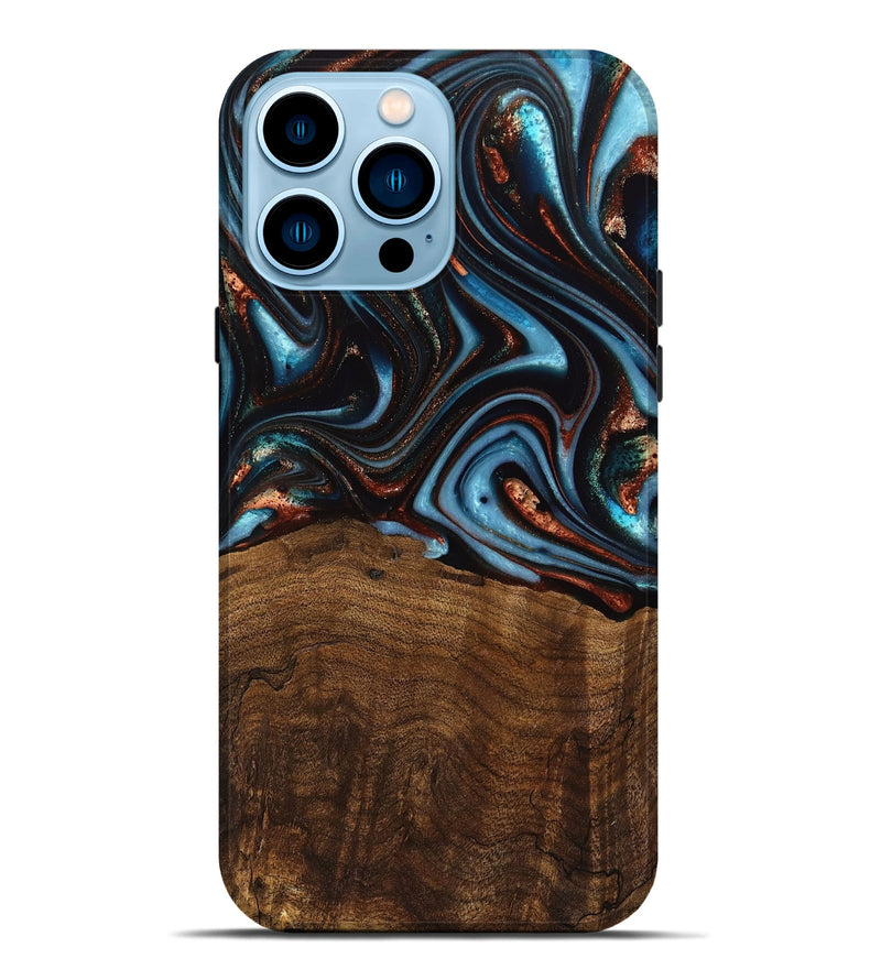 iPhone 14 Pro Max Wood Live Edge Phone Case - Qain (Teal & Gold, 741620)