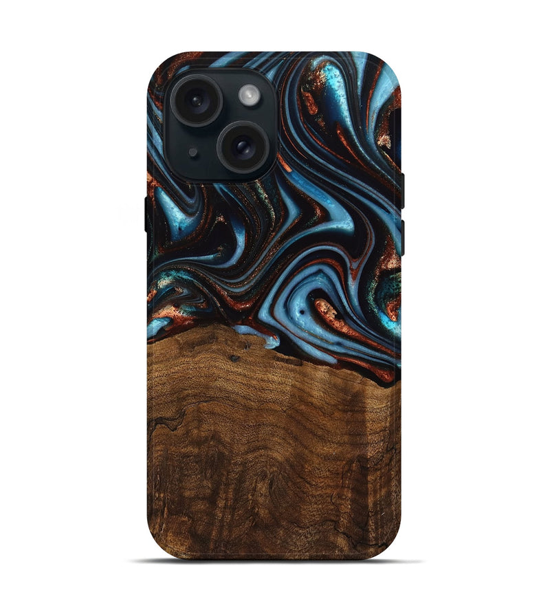 iPhone 15 Wood Live Edge Phone Case - Qain (Teal & Gold, 741620)