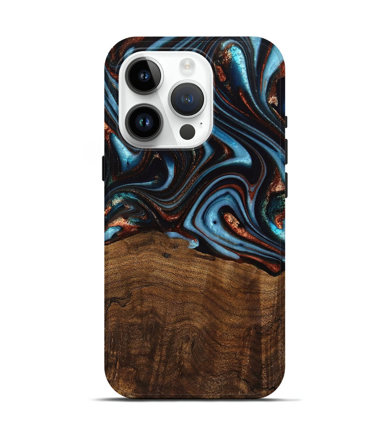 iPhone 15 Pro Wood Live Edge Phone Case - Qain (Teal & Gold, 741620)