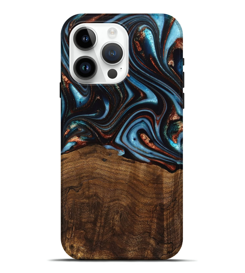 iPhone 15 Pro Max Wood Live Edge Phone Case - Qain (Teal & Gold, 741620)