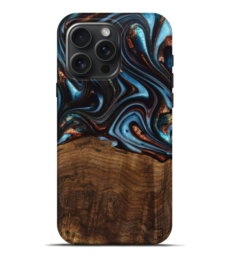 iPhone 16 Pro Max Wood Live Edge Phone Case - Qain (Teal & Gold, 741620)