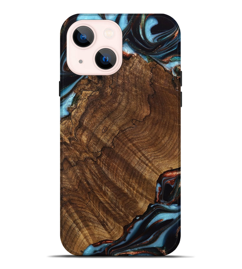 iPhone 14 Plus Wood Live Edge Phone Case - Pamelia (Teal & Gold, 741621)