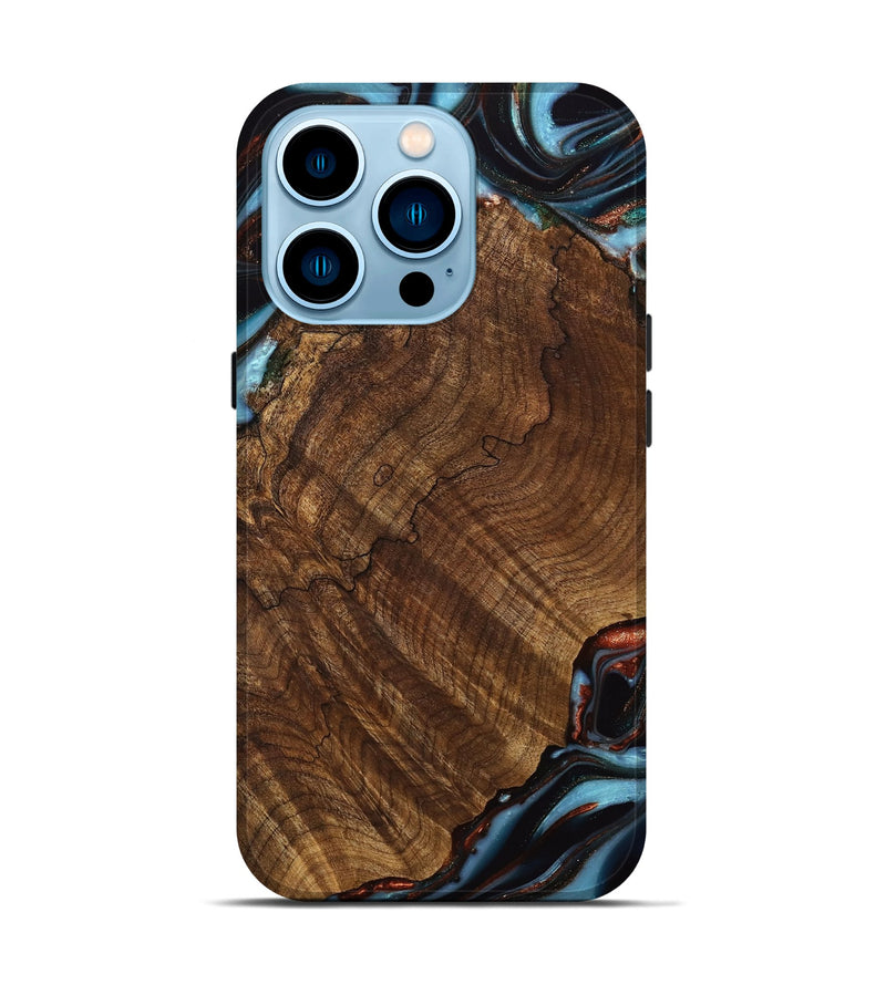 iPhone 14 Pro Wood Live Edge Phone Case - Pamelia (Teal & Gold, 741621)