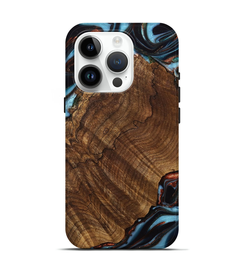 iPhone 15 Pro Wood Live Edge Phone Case - Pamelia (Teal & Gold, 741621)