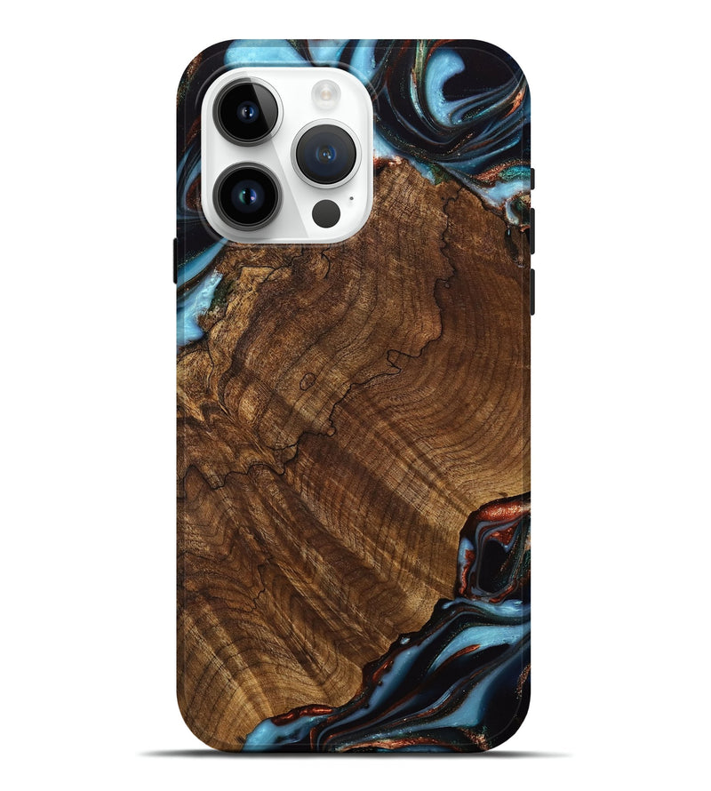 iPhone 15 Pro Max Wood Live Edge Phone Case - Pamelia (Teal & Gold, 741621)